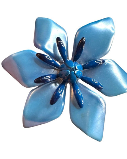 Vintage 1960s floral large metal enameled Blue Flower Brooch