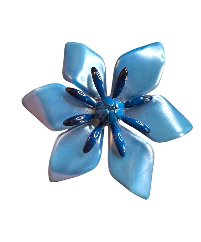 Vintage 1960s floral large metal enameled Blue Flower Brooch