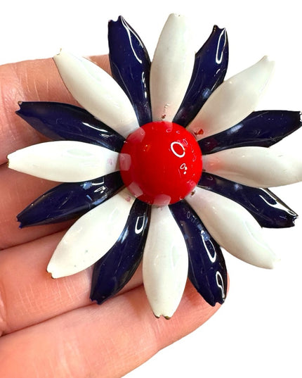 Vintage enameled Red White Blue Flower metal Brooch