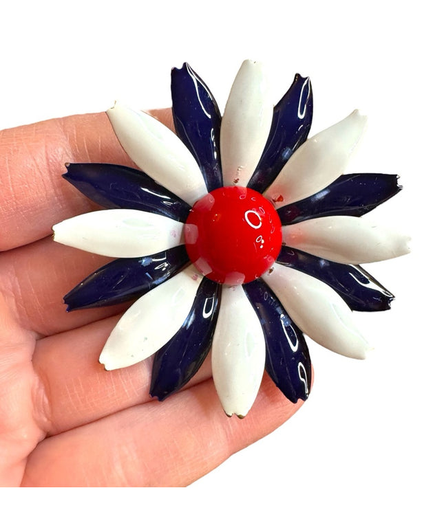 Vintage enameled Red White Blue Flower metal Brooch