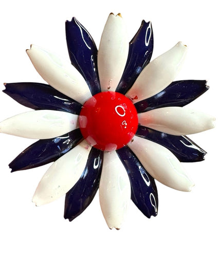Vintage enameled Red White Blue Flower metal Brooch