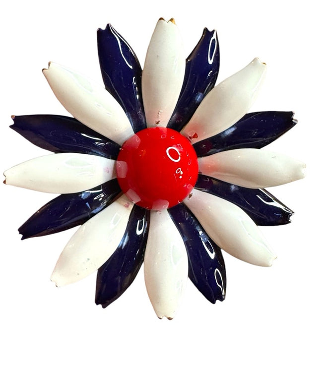 Vintage enameled Red White Blue Flower metal Brooch
