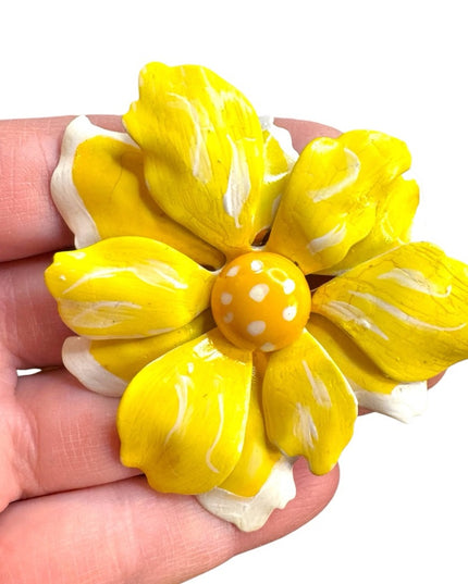Yellow & white Vintage  metal hand painted Flower Brooch