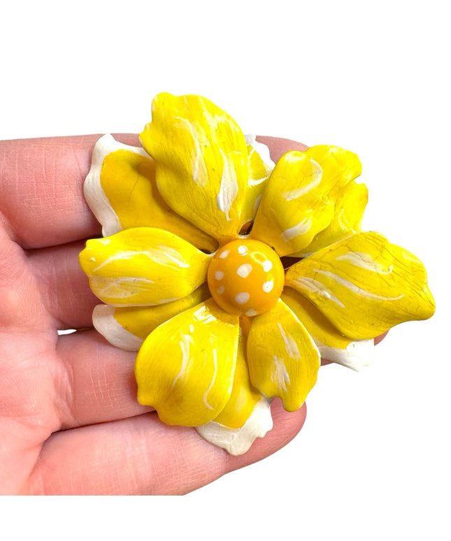 Yellow & white Vintage  metal hand painted Flower Brooch
