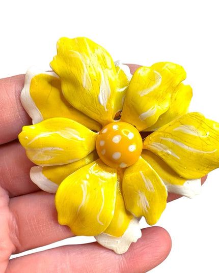 Yellow & white Vintage  metal hand painted Flower Brooch