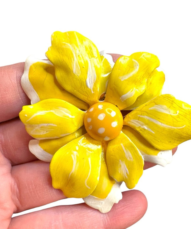 Yellow & white Vintage  metal hand painted Flower Brooch