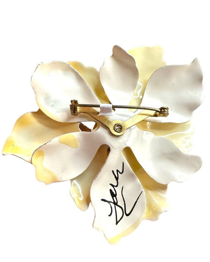 Yellow & white Vintage  metal hand painted Flower Brooch