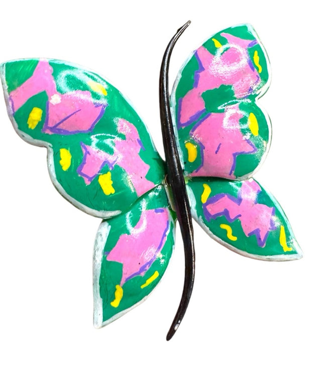 Colorful vintage hand painted purple & green metak large Butterfly Brooch