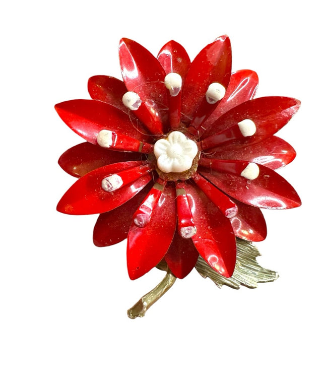 Vintage metal 1950s Red Flower Brooch