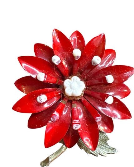 Vintage metal 1950s Red Flower Brooch