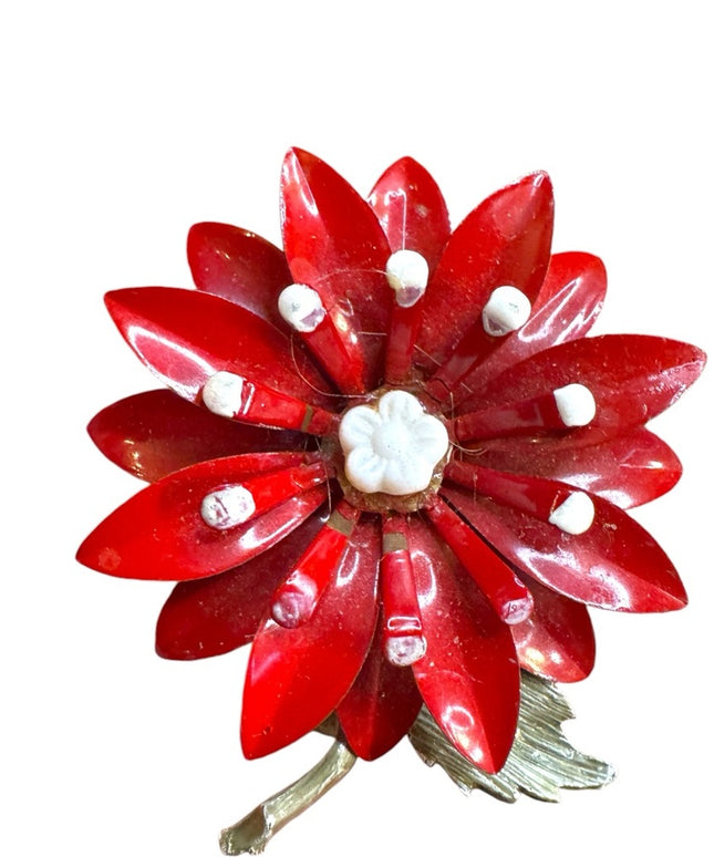 Vintage metal 1950s Red Flower Brooch