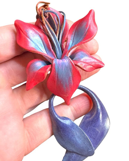 Elegant vintage handmade leather Red and Purple Floral hibiscus hawaiian brooch
