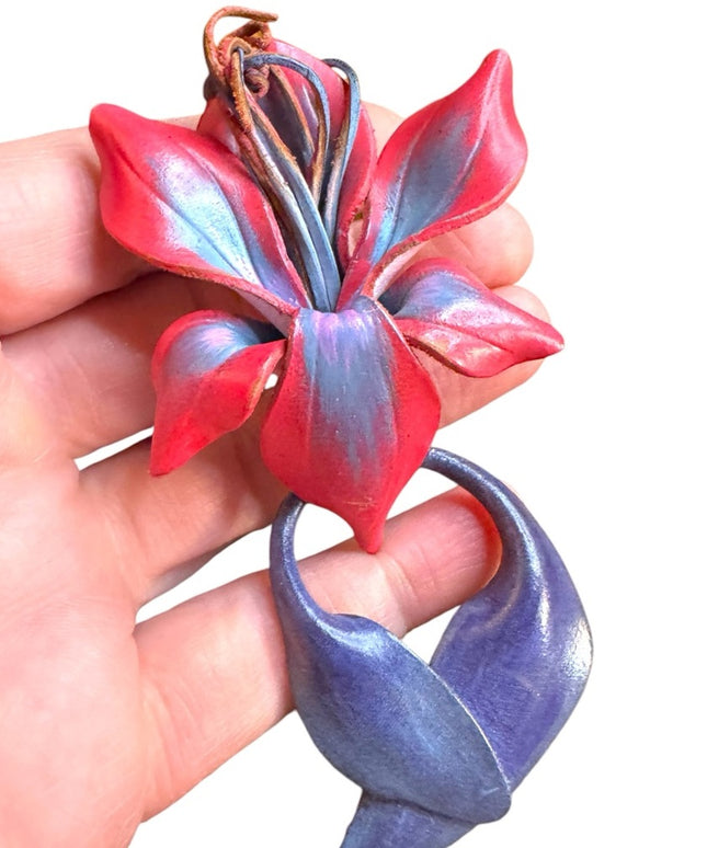 Elegant vintage handmade leather Red and Purple Floral hibiscus hawaiian brooch