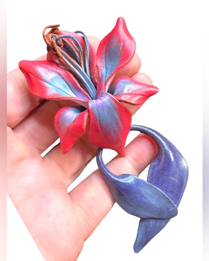 Elegant vintage handmade leather Red and Purple Floral hibiscus hawaiian brooch