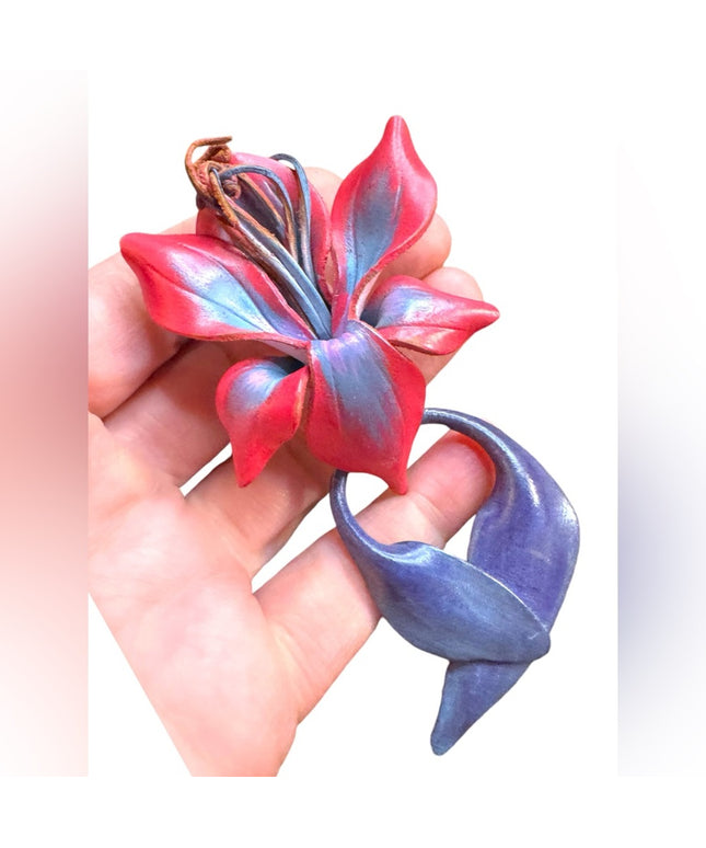 Elegant vintage handmade leather Red and Purple Floral hibiscus hawaiian brooch