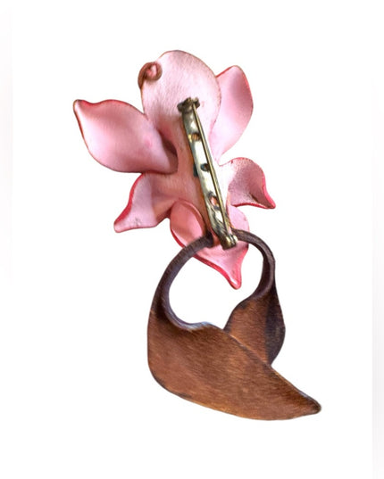 Elegant vintage handmade leather Red and Purple Floral hibiscus hawaiian brooch