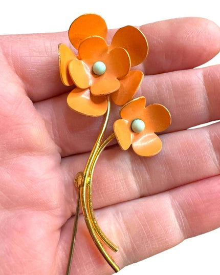 Vintage metal floral Orange Flower Brooch