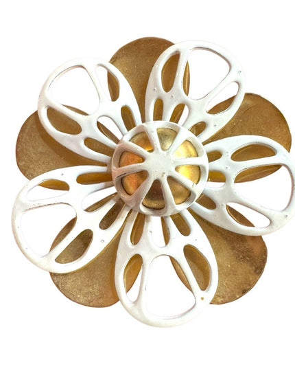 Vintage metal White and Gold Flower fancy Brooch