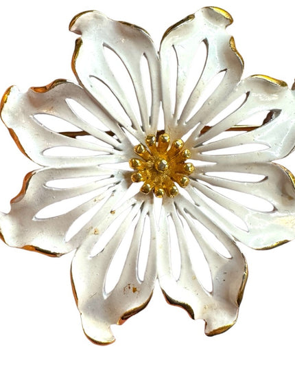 Vintage MONET enamel White and Gold Flower Brooch