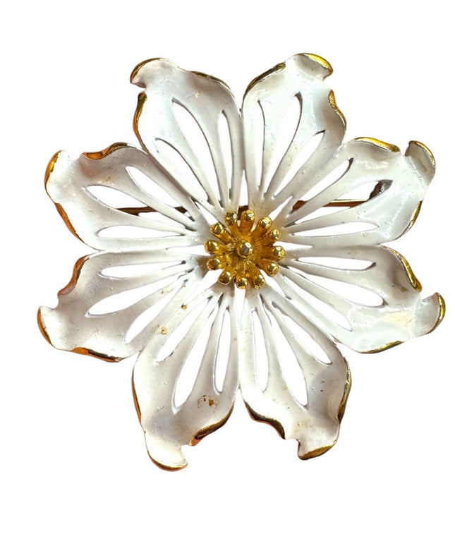 Vintage MONET enamel White and Gold Flower Brooch