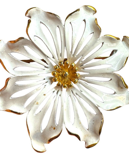 Vintage MONET enamel White and Gold Flower Brooch