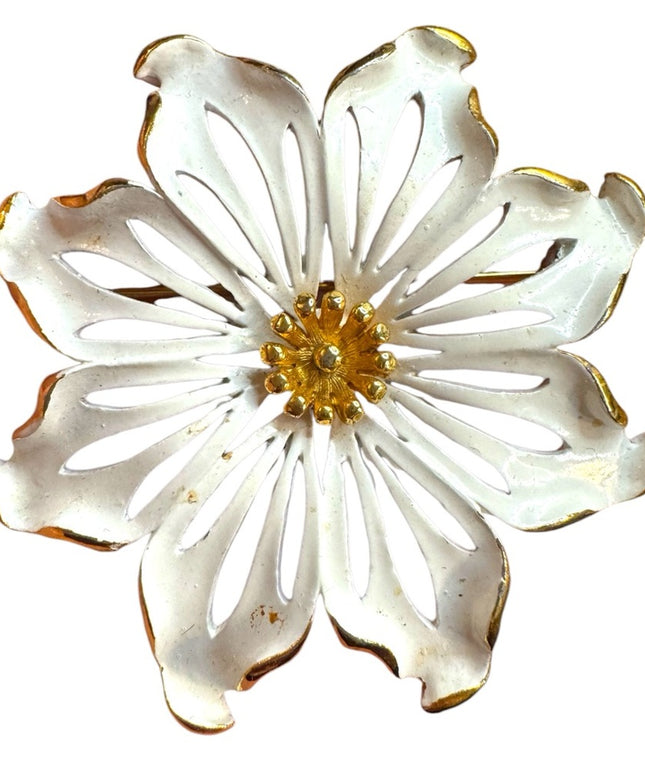 Vintage MONET enamel White and Gold Flower Brooch