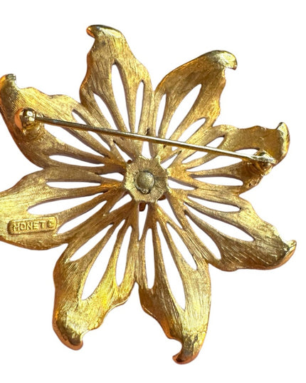 Vintage MONET enamel White and Gold Flower Brooch