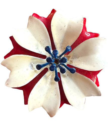 Vintage metal Red White Blue Floral flower  Brooch