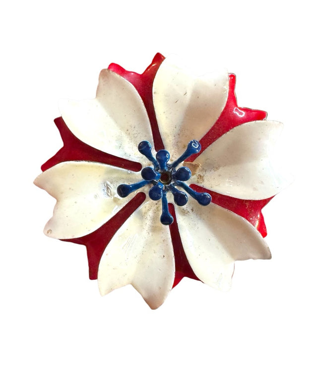 Vintage metal Red White Blue Floral flower  Brooch