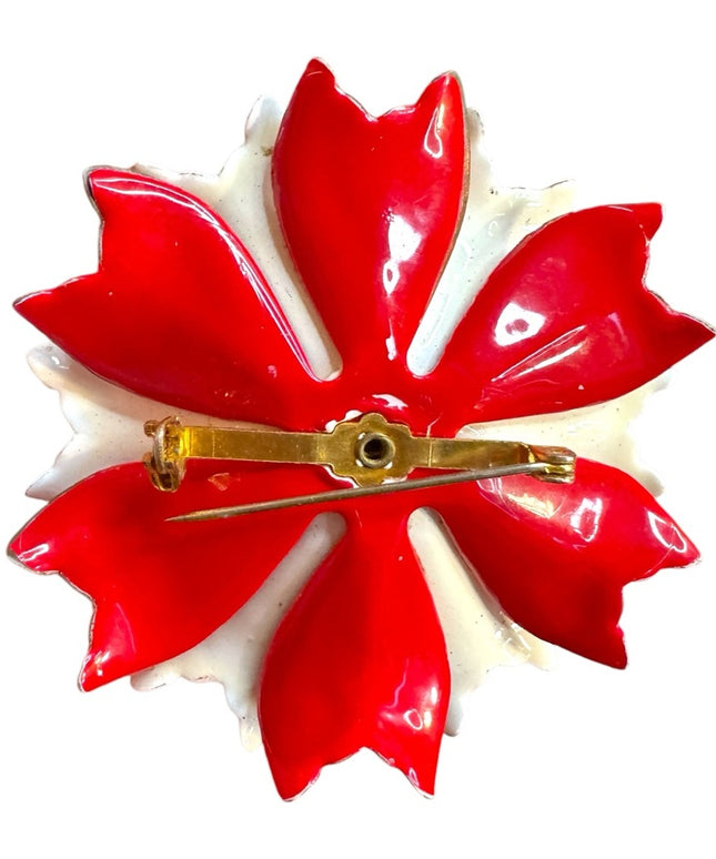 Vintage metal Red White Blue Floral flower  Brooch