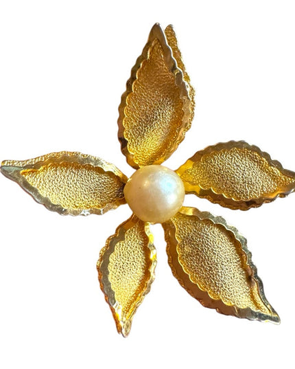 Vintage metal textured Gold Floral Brooch with Pearl Center