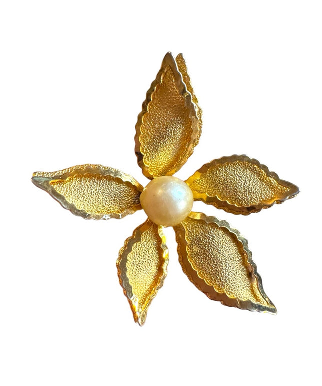 Vintage metal textured Gold Floral Brooch with Pearl Center