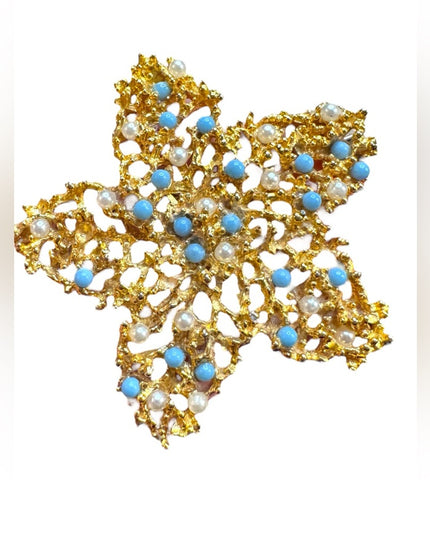 Vintage Gold plt Blue & white accent bead Floral Brooch flower