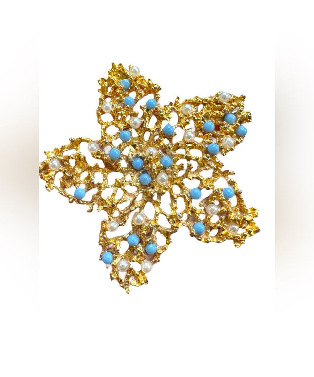 Vintage Gold plt Blue & white accent bead Floral Brooch flower
