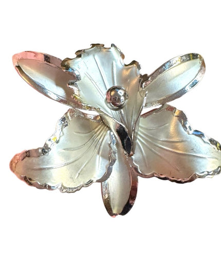 Vintage Silver finish metal Orchid Floral Brooch