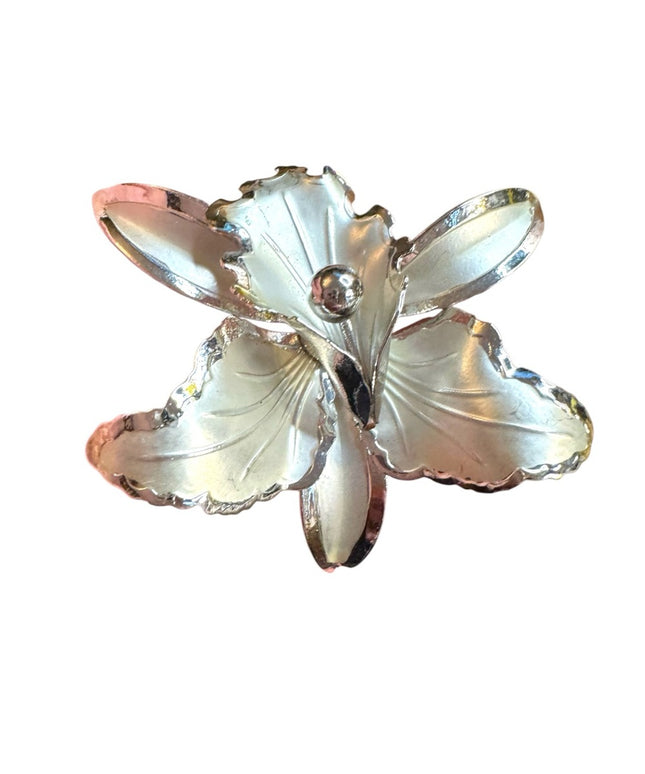 Vintage Silver finish metal Orchid Floral Brooch