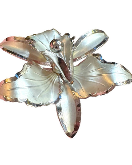 Vintage Silver finish metal Orchid Floral Brooch
