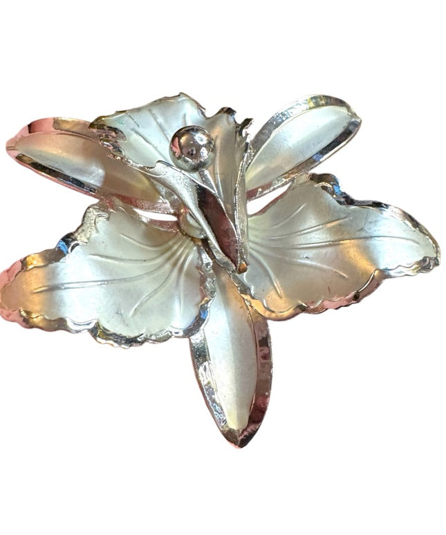 Vintage Silver finish metal Orchid Floral Brooch