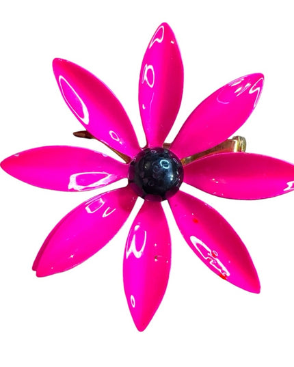 Vintage Pink fuscia metal Floral enameled brooch