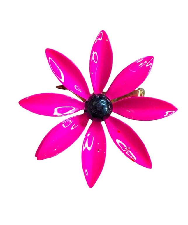 Vintage Pink fuscia metal Floral enameled brooch