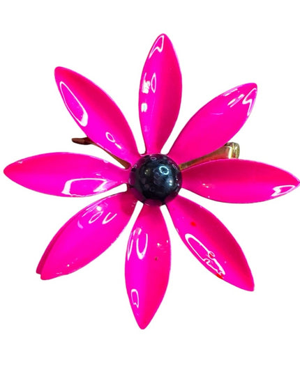 Vintage Pink fuscia metal Floral enameled brooch