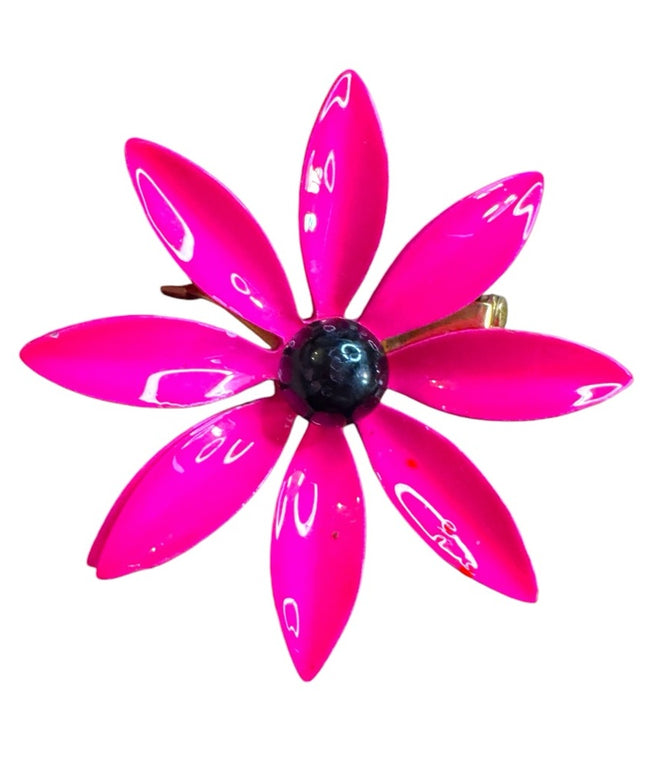 Vintage Pink fuscia metal Floral enameled brooch
