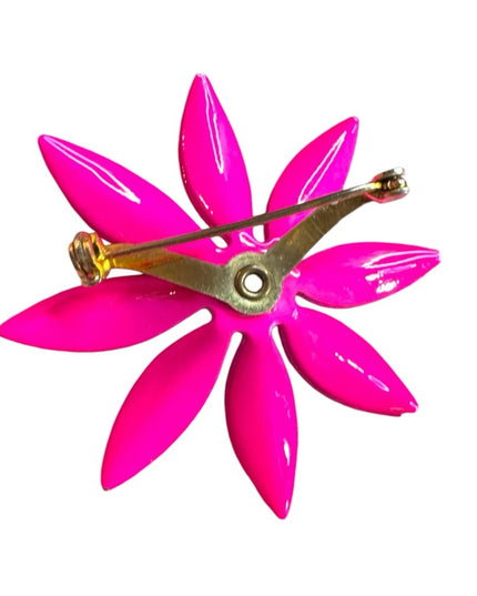 Vintage Pink fuscia metal Floral enameled brooch