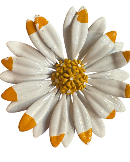 Vintage 1970s white & yellow enameled metal Flower Brooch floral large