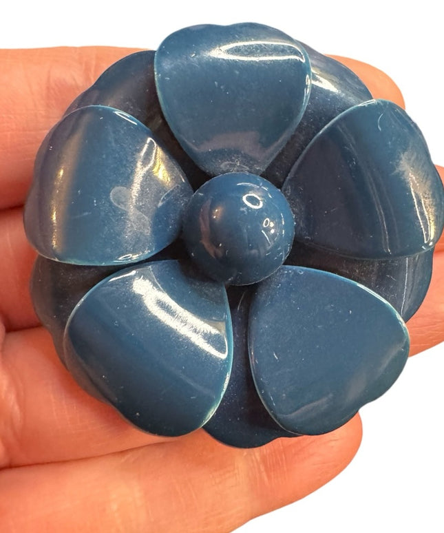 Vintage 1970s Blue metal Flower Brooch floral large