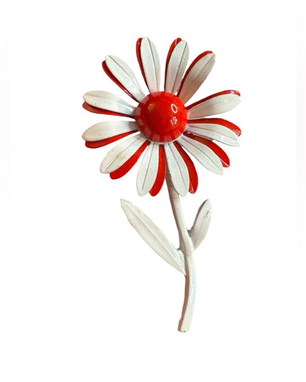 Vintage Red and White Flower Brooch 1970s Daisey metal enamel