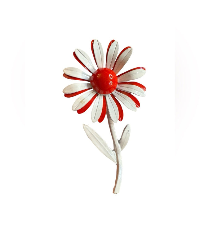 Vintage Red and White Flower Brooch 1970s Daisey metal enamel