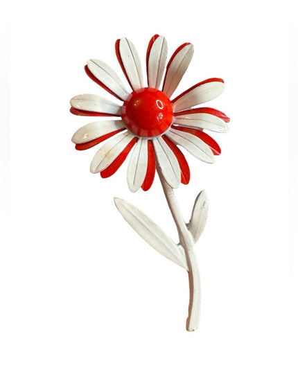 Vintage Red and White Flower Brooch 1970s Daisey metal enamel