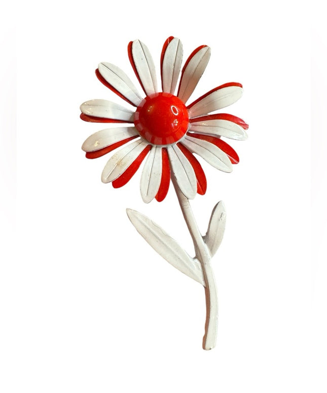 Vintage Red and White Flower Brooch 1970s Daisey metal enamel