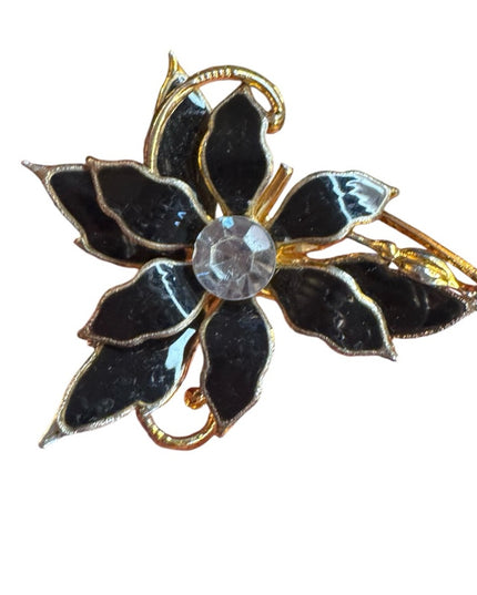 Elegant vintage Black gold metal enamel flower Floral Brooch